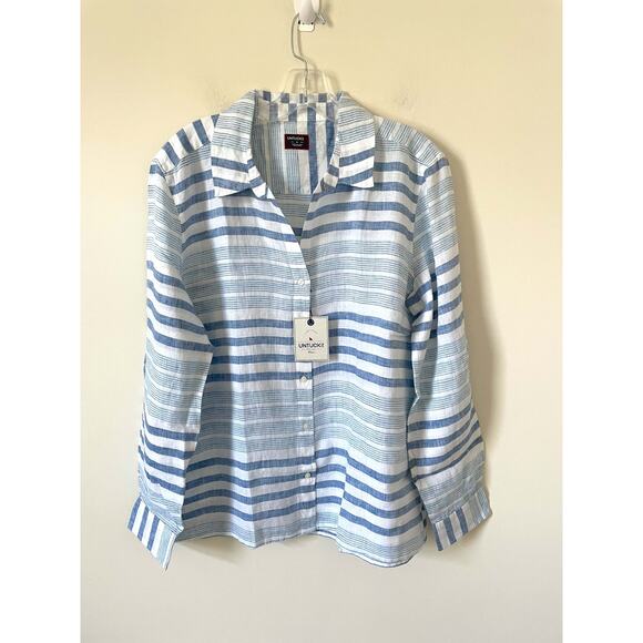 UNTUCKit Linen Cotton Striped Button Down Blouse Blue White Size 14 NEW - Picture 1 of 9